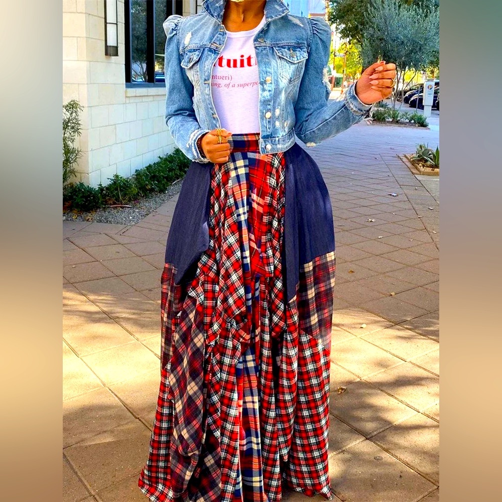 Stylish Plaid Maxi Skirt in Navy and Red